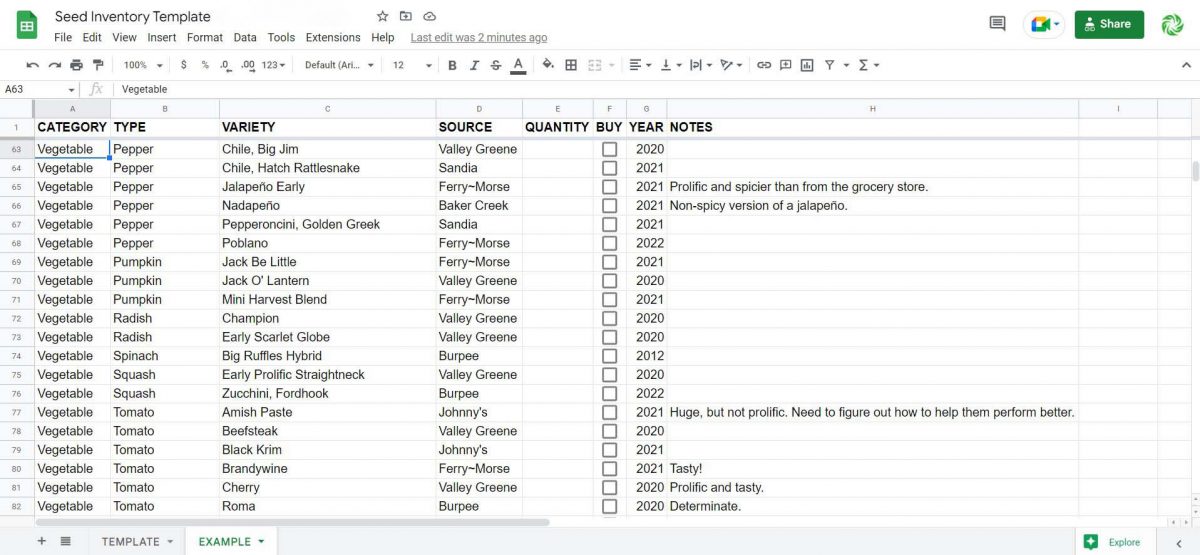 Seed Inventory Spreadsheet Example.